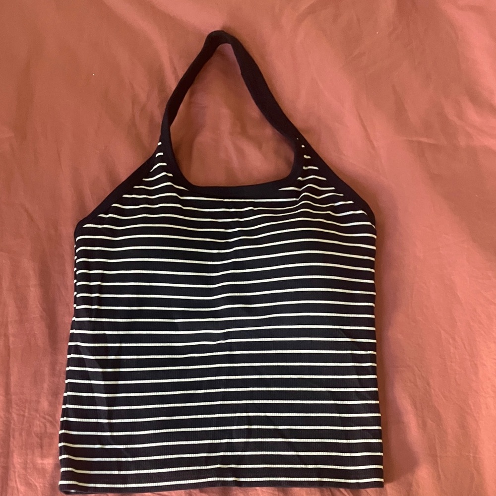 Uniqlo dark navy and white stripe halter cropped top